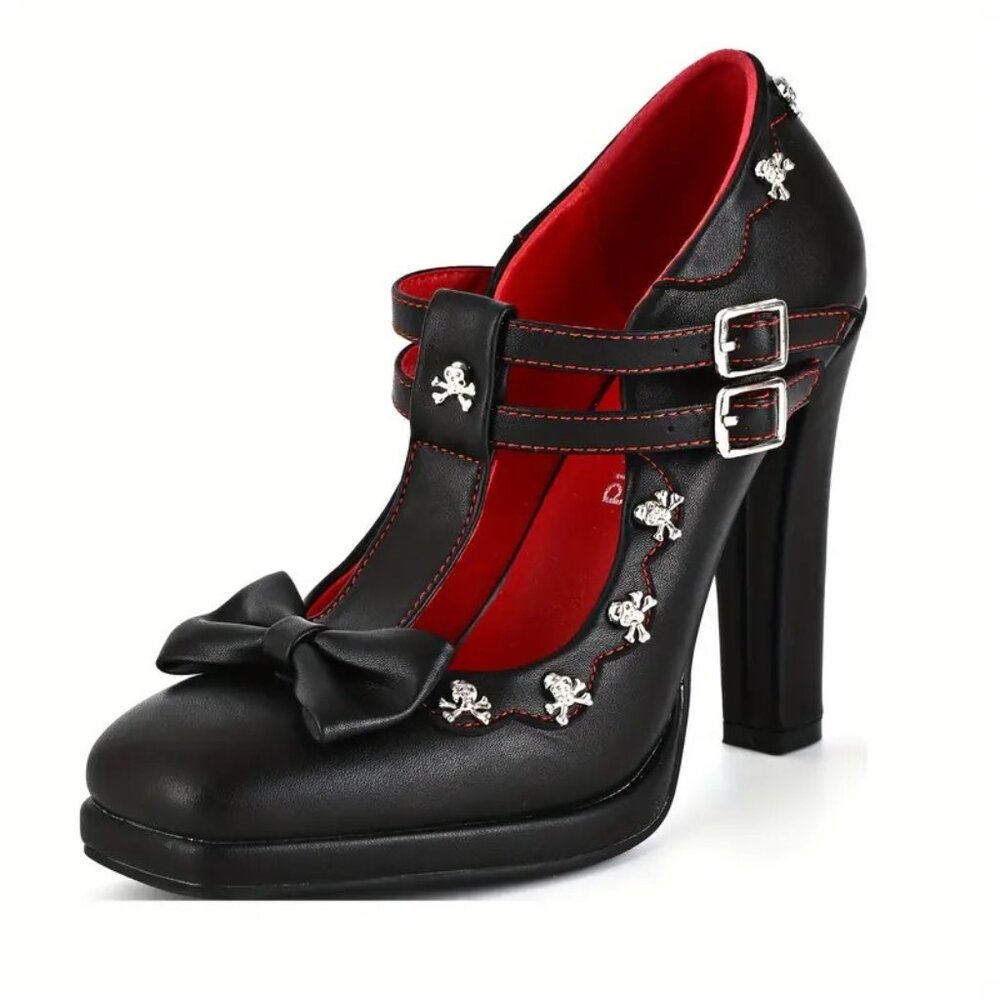 Elegant Black and Red Heels with Bow and Skull Details